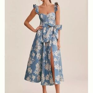 V. Chapman Vera Ruffle-Strap Corset Side-Slit Midi Dress